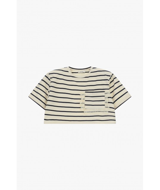 T-shirt court à rayures avec poche et franges Dixie