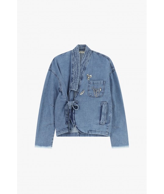 Denim Jacket With Cross-over Closure And Dixie Pocket