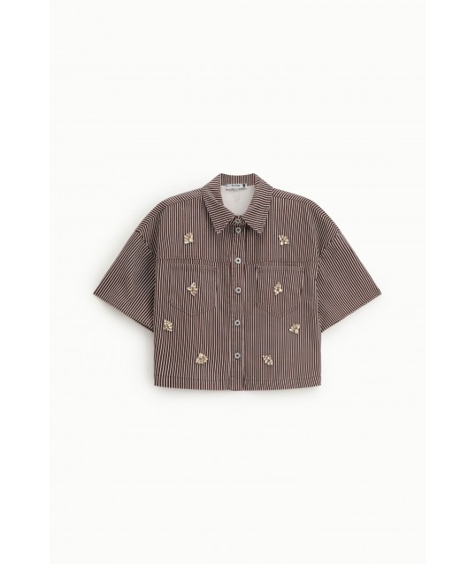 Chemise courte à rayures avec boutons et appliques ornées de bijoux Please