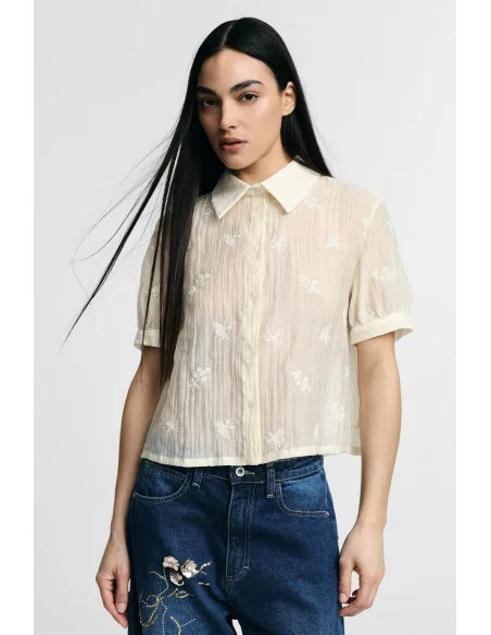 Cropped Shirt With Short Sleeves And Floral Embroidery Please