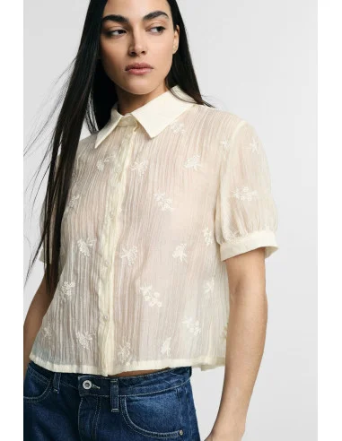 Cropped Shirt With Short Sleeves And Floral Embroidery Please