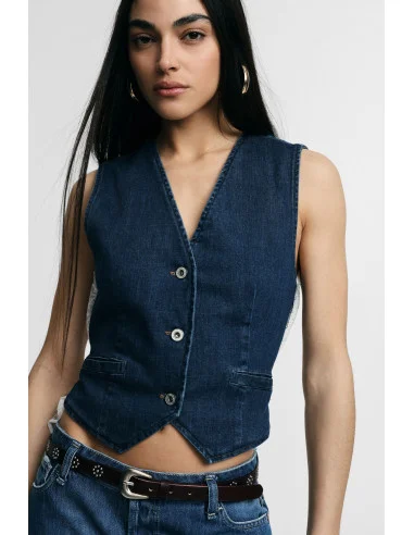 Sleeveless Denim Vest with Contrasting Trim Please