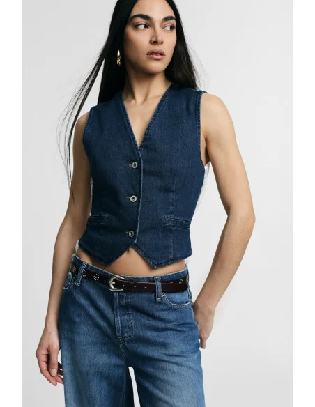 Sleeveless Denim Vest with Contrasting Trim Please