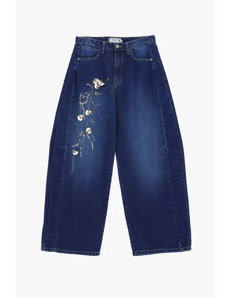 Wide Leg Jeans With Floral Embroidery Please