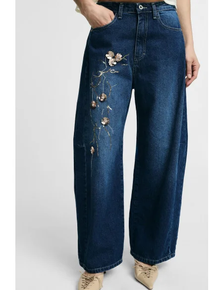 Jeans A Gamba Ampia Con Ricamo Floreale Please