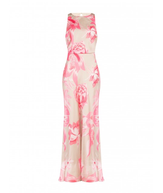 Long Satin Flowery Satin Slip Dress With Elastic Waist Rinascimento