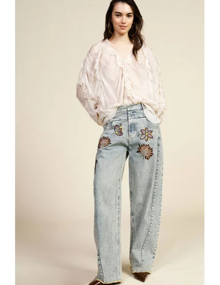 Jeans Wide Leg Floral Embroidery High Waist Dixie