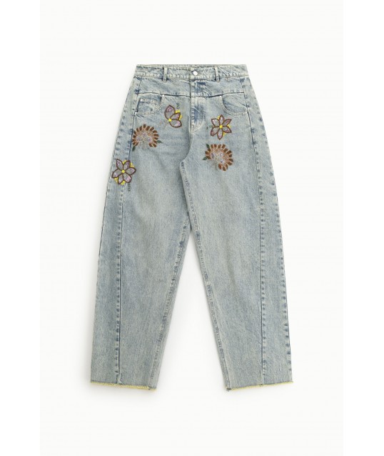 Jeans à jambe large broderie florale taille haute Dixie