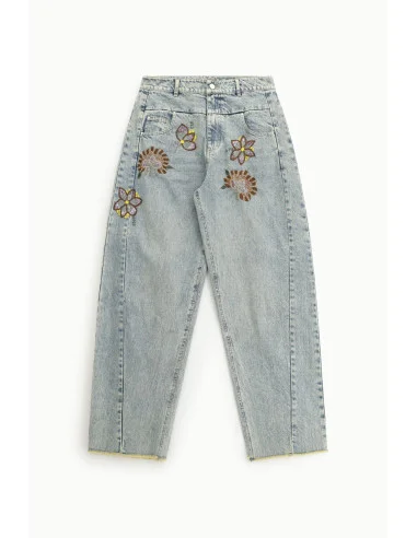 Jeans Wide Leg Ricami Floreali Vita Alta Dixie