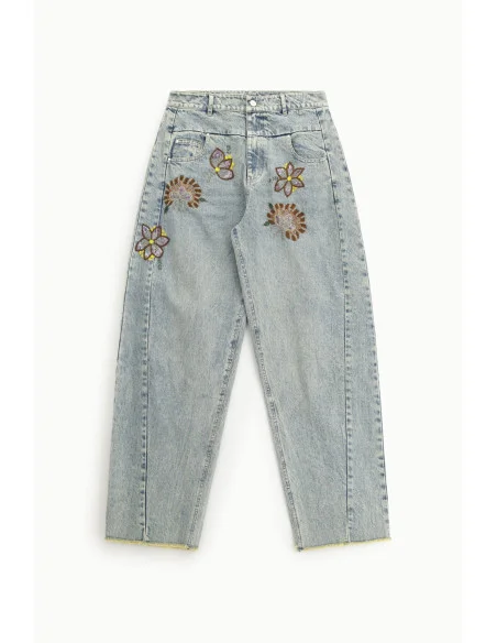 Jeans Wide Leg Ricami Floreali Vita Alta Dixie
