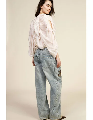 Jeans Wide Leg Floral Embroidery High Waist Dixie