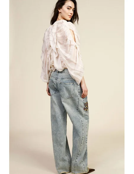 Jeans Wide Leg Floral Embroidery High Waist Dixie