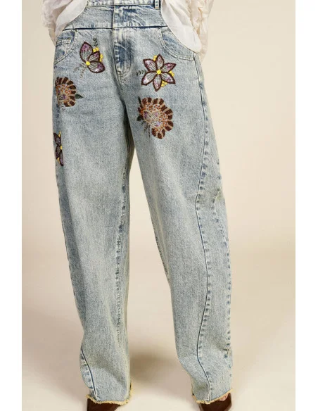 Jeans à jambe large broderie florale taille haute Dixie