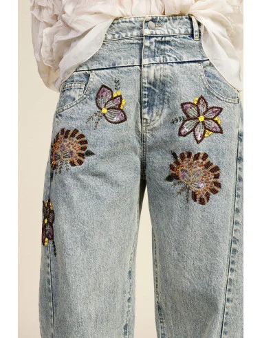 Jeans Wide Leg Ricami Floreali Vita Alta Dixie