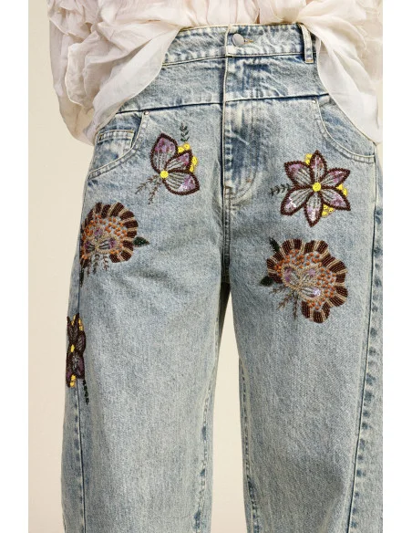 Jeans à jambe large broderie florale taille haute Dixie