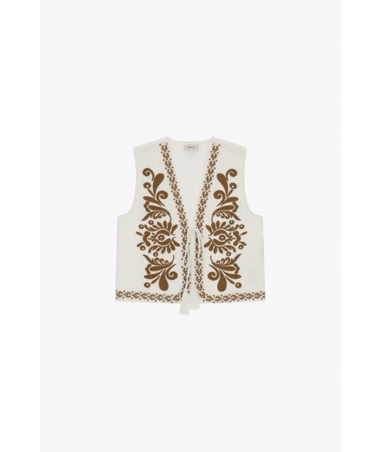 Gilet sans manches à broderie florale avec ceinture Dixie