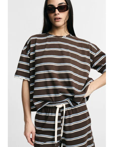 T-Shirt Ampia A Righe Con Bordino Pizzo Maniche Please