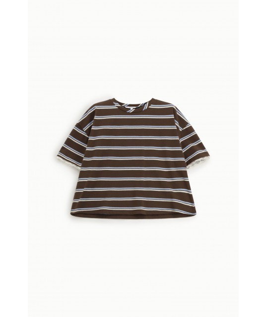 Wide Striped T-Shirt With Lace Trim Please Sleeves