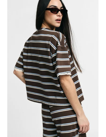 Wide Striped T-Shirt With Lace Trim Please Sleeves