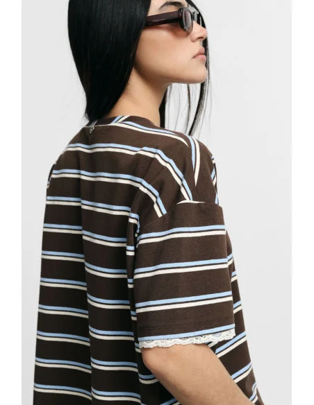 T-Shirt Ampia A Righe Con Bordino Pizzo Maniche Please