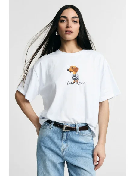 T-Shirt Ampia Stampa Cane Grafica Frontale Please