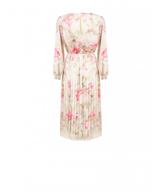 Satin Midi Dress In Shaded Flowers With Pleated Skirt And Coordinating Belt Rinascimento