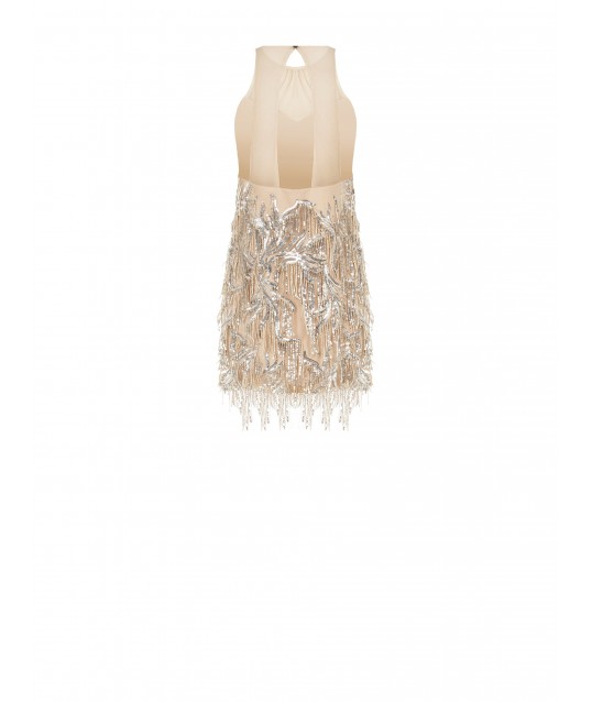 Robe courte en tulle avec broderies et franges de paillettes Rinascimento