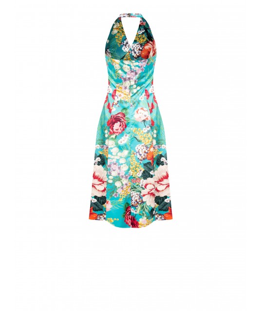 Robe midi en satin duchesse à fleurs avec dos ouvert et poches Rinascimento