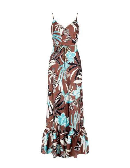 Robe longue en satin à fleurs avec bas à volants et ceinture en corde assortie Rinascimento