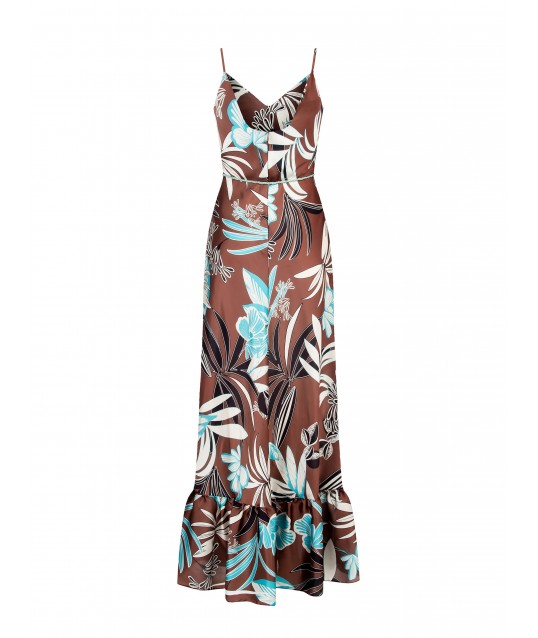 Robe longue en satin à fleurs avec bas à volants et ceinture en corde assortie Rinascimento