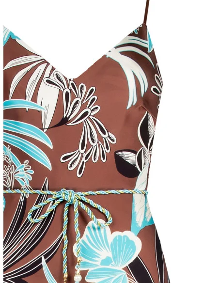 Flower Satin Maxi Dress With Ruffle Bottom And Rope Belt Matching Rinascimento