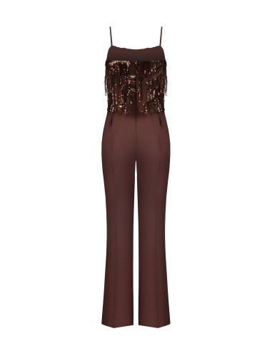 Fluid fabric one-piece jumpsuit with embroidery and sequin fringing Rinascimento