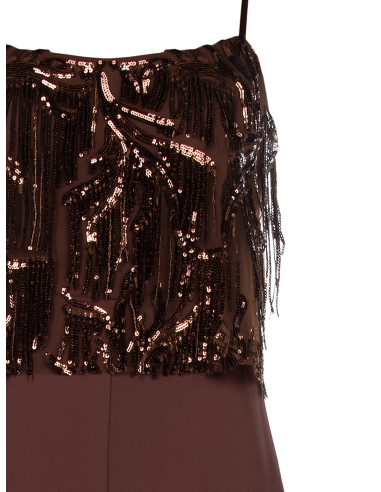 Fluid fabric one-piece jumpsuit with embroidery and sequin fringing Rinascimento
