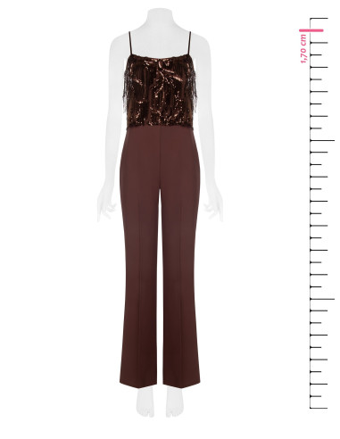 Fluid fabric one-piece jumpsuit with embroidery and sequin fringing Rinascimento