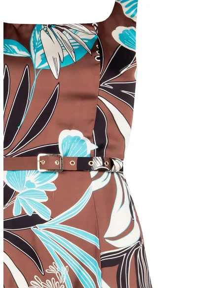 Long Flower Satin Top With Side Slit And Coordinated Rigid Belt Rinascimento