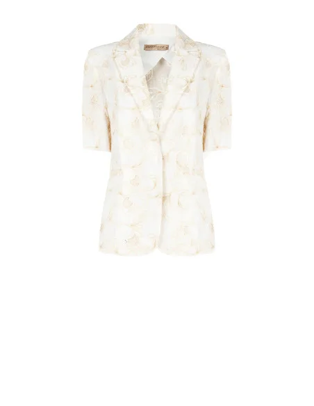 Mixed Viscose And Linen Blazer Jacket With Embossed Flower Embroidery Rinascimento