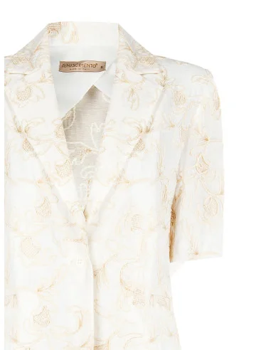 Mixed Viscose And Linen Blazer Jacket With Embossed Flower Embroidery Rinascimento
