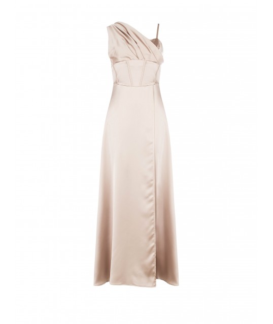 Long Satin Bustier Dress With Draped Sleeve Rinascimento